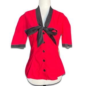 Heart of Haute Red Black Bow‎ Tie Blouse Made In USA Cotton Retro Pinup Medium